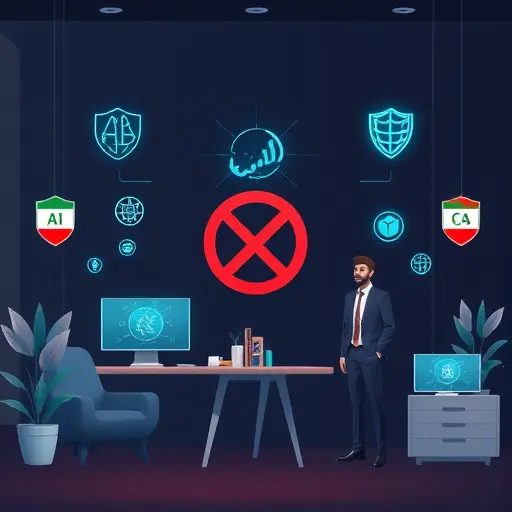 modern illustration of access to AI platforms in Iran, showing AI icons, security shields, and no VPN symbol, animated style, dark background, text-free