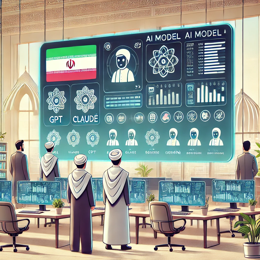 illustrated dashboard of Iranian AI platform, showing various AI model icons (gpt, claude, gemini)