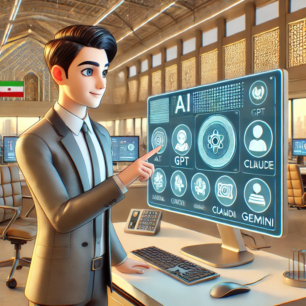AI model carousel illustration, user selecting between GPT, Claude, Gemini on a computer dashboard, animation style, tech environment, no text
