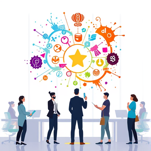 abstract illustration of AI boosting creativity, digital mind generating multiple logo ideas, vibrant color splashes, technology concept, no text
