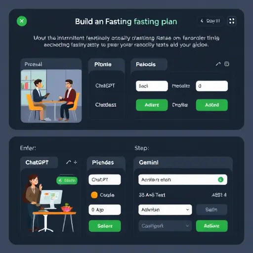 step-by-(ChatGPT, Claude, Gemini), input fields for age/weight/goals, dark theme with green accents, clean cartoon style, text-free