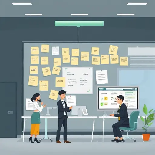 cartoon-style workflow of brainstorming: sticky notes, AI suggestions, side-by-side comparison panels, export icons (CSV/Markdown)