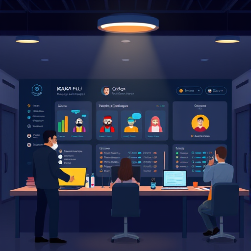 AI platform dashboard illustration showing multiple chatbot models (like ChatGPT, Gemini, Claude), animated style, Iranian inspired decorative elements, night dark theme, no text