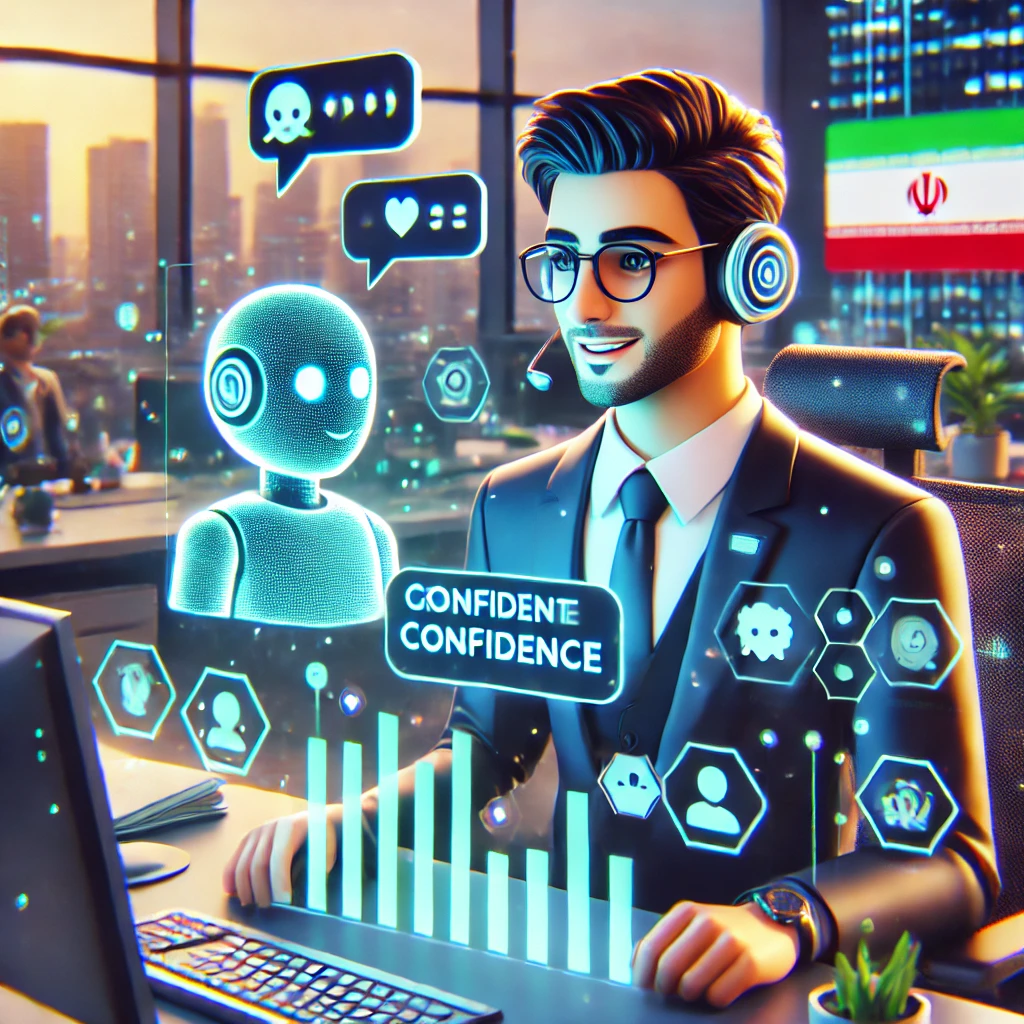 conceptual animation of a user growing confidence while chatting with an AI chatbot, progress icons, growth metaphor, lively, cartoon style, no text