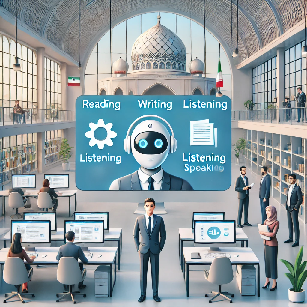 illustrated scene showing animated AI chatbot on desktop and mobile, simulating IELTS reading, writing, listening, and speaking tasks, surrounded by icons for each skill, no text