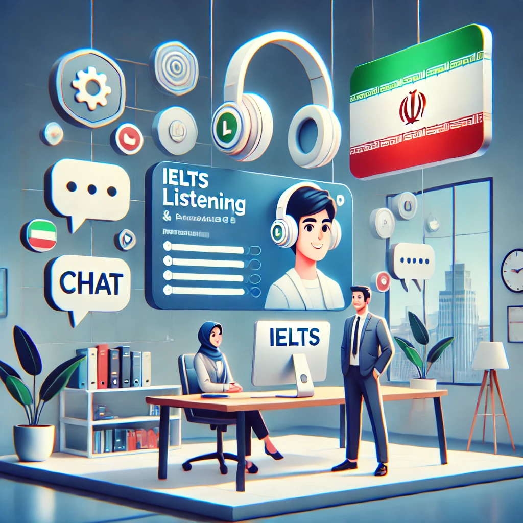 modern animated illustration of digital AI platform delivering IELTS listening audio and reading passages, with headphones, documents, and cartoon chat icons, no text
