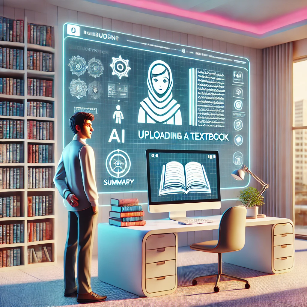 illustration showing step-by-step process: student uploads textbook, AI generates summary, animated interface, educational icons, clean cartoon style, no text