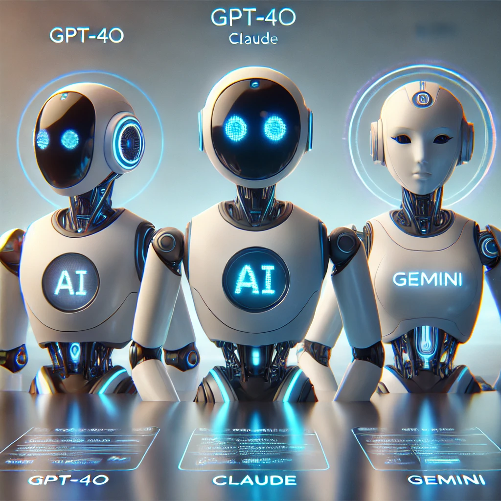 comparison animation of three AI robot avatars (GPT-4o, Claude, Gemini)
