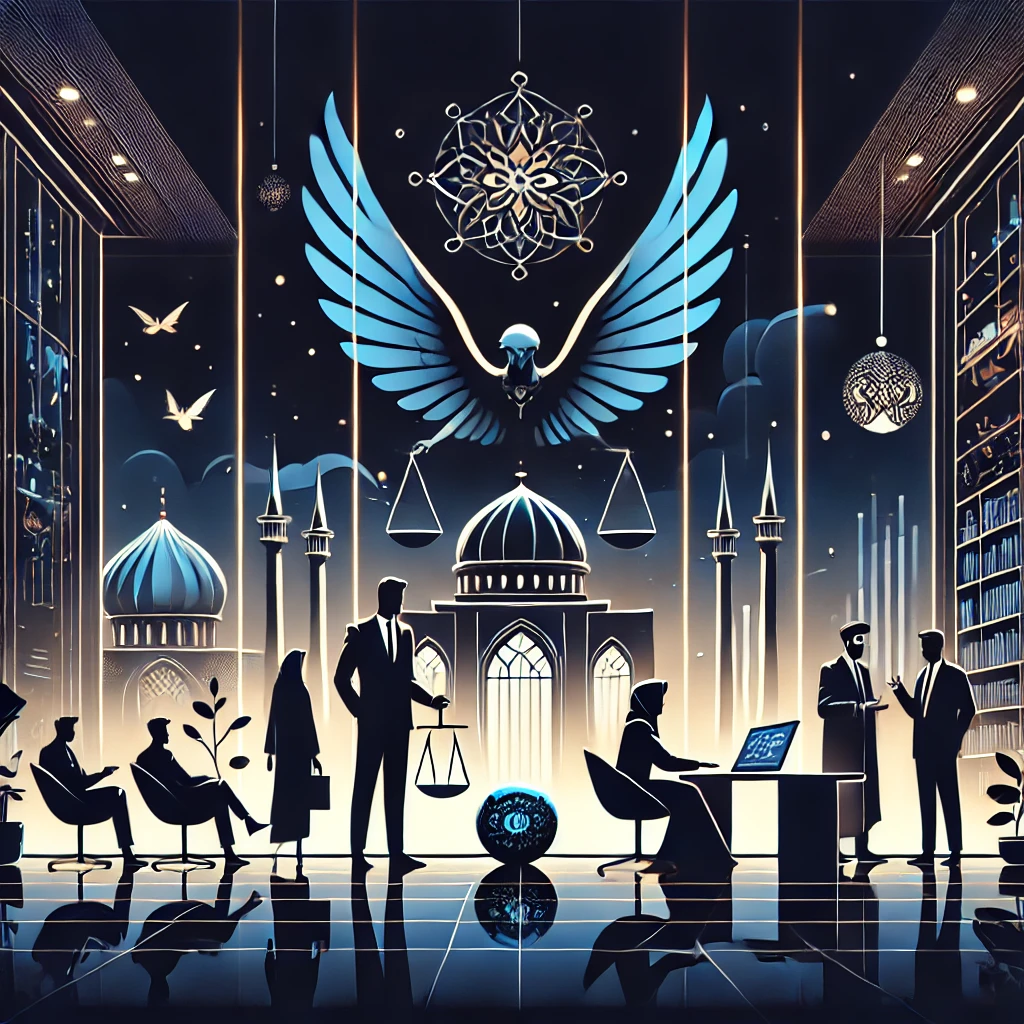 abstract ethical guidelines illustration for AI-assisted book reviews, scales balancing personal opinion and AI draft, minimalist tech style, dark theme, text-free