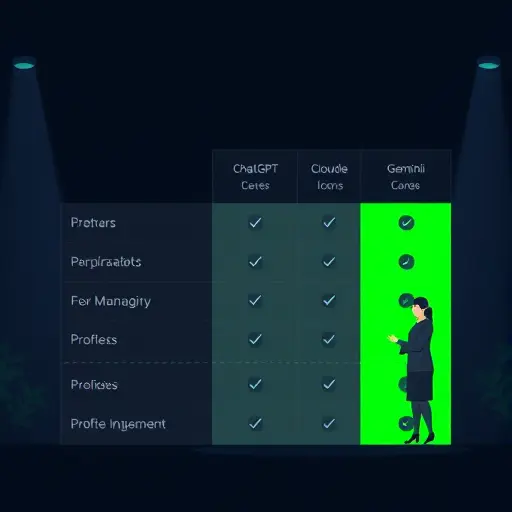 animated comparison chart of AI models (generic icons for ChatGPT, Claude, Gemini), dark UI, green highlight, minimalist, no brand text or logos, text-