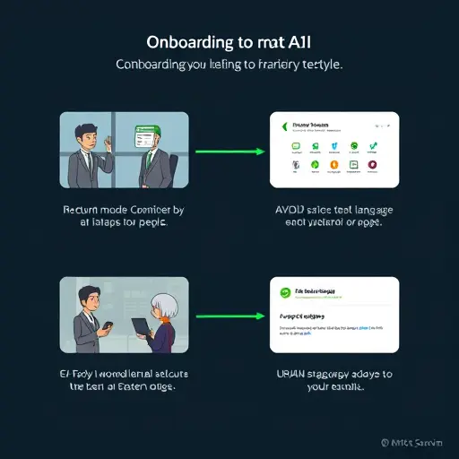 animated step-by-step illustration of onboarding to an AI platform, simple 4-step flow with icons (account, model selection, language settings, prompt), dark background, green accents, text-free