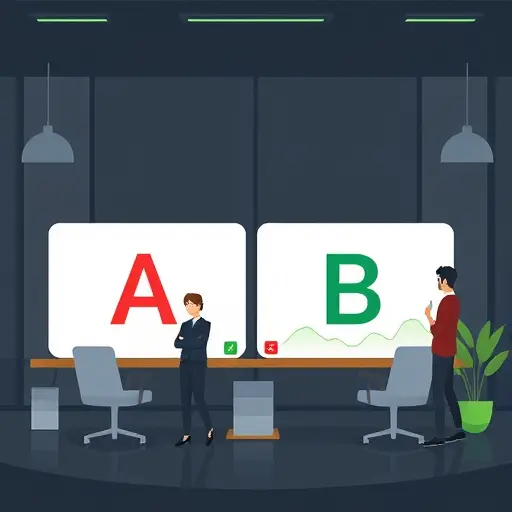 clean split-test concept illustration, two variant cards labeled A and B as abstract shapes (no text)