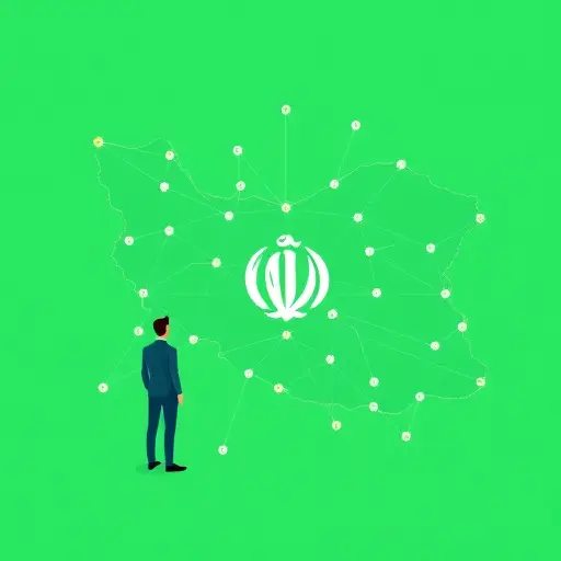 abstract map of Iran with AI network nodes and connections symbolizing nationwide access without sanctions breaker, minimalist vector, green palette, text-free