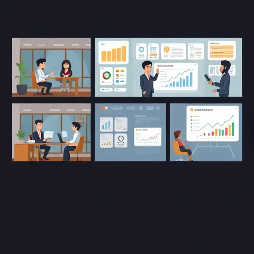 cartoon-style interview practice scenes across three panels: coding interview with performance charts, product interview with roadmap and stakeholders, marketing interview with funnel metrics;