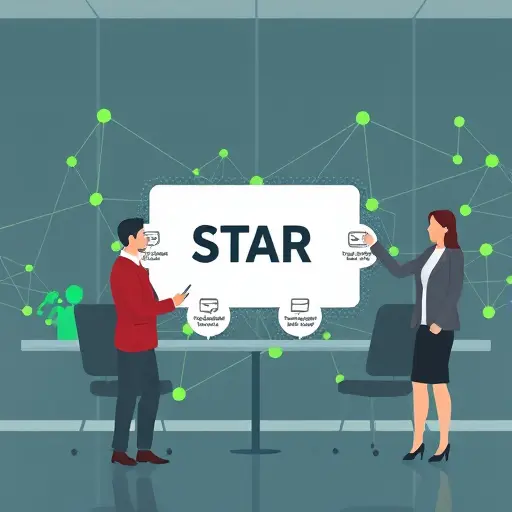 minimalist STAR framework illustration with four icons (Situation, Task, Action, Result) around a response card; neural network abstract background; green accent #94d3a2;