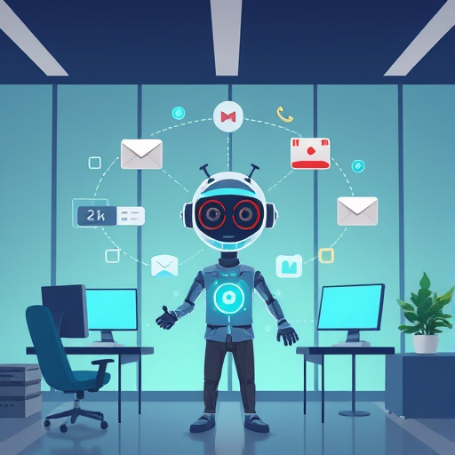animated illustration of AI agent in the center, controlling multiple digital processes –