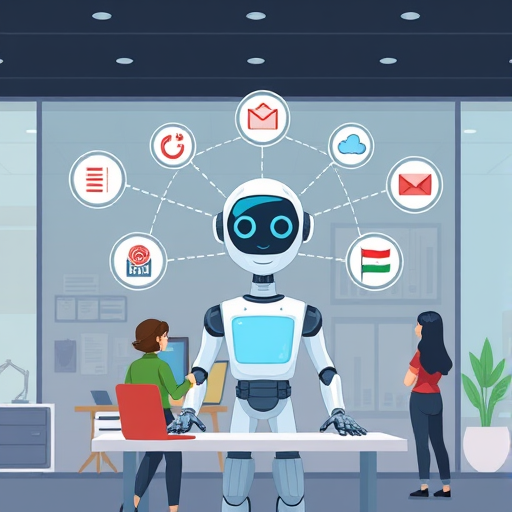 cartoon-style AI dashboard, central agent delegating diverse digital tasks to smaller connected icons (calendar, email, cloud, database)