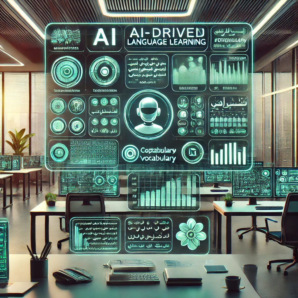 modern illustration of an AI-driven language learning dashboard adapting to a user's vocabulary progress, customizable settings, green and teal palette, animated icons, clean text-free
