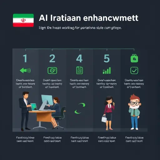 animated step-by-step infographic of AI photo enhancement workflow: denoise, upscale, sharpen, color correction, dark theme, green accents, minimal icons, no text