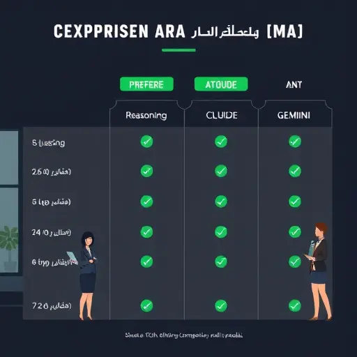 animated comparison chart of ChatGPT, Claude, and Gemini for decision-making, icons for reasoning, long context, and multimodal, dark theme, green accents, text-free