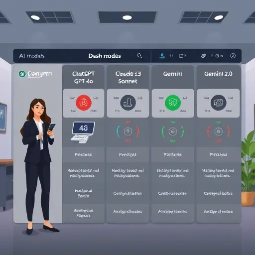 clean comparison dashboard illustration of AI models (ChatGPT GPT-4o, Claude 3.5 Sonnet, Gemini 2.0)