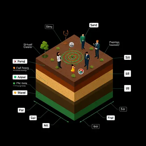 isometric illustration of layered soil profile with labeled textures (sand, silt, clay)