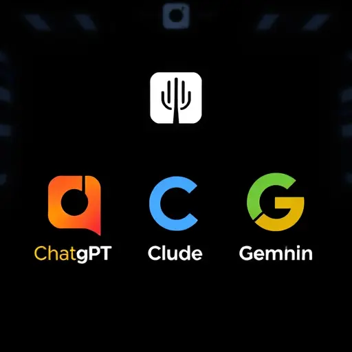 clean illustration of three abstract logos (ChatGPT, Claude, Gemini) with voice waveforms, comparison vibe, dark tech background, text-free