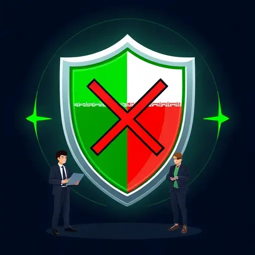 cartoon-style illustration of a shield with a green connection signal and a crossed-