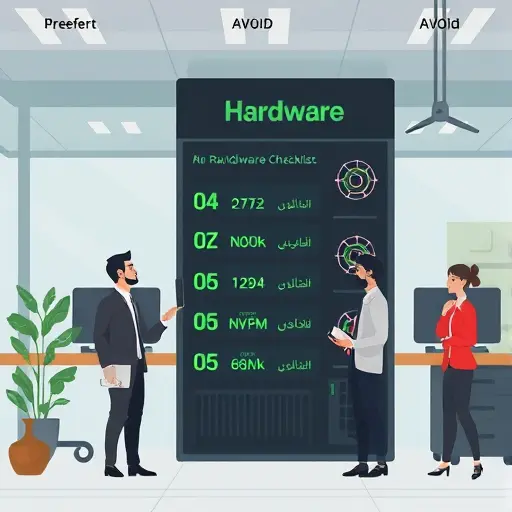 animated hardware checklist with cooling fans, NVMe drive, network cable, BIOS virtualization icons, dark UI, green accents, minimal, text-free