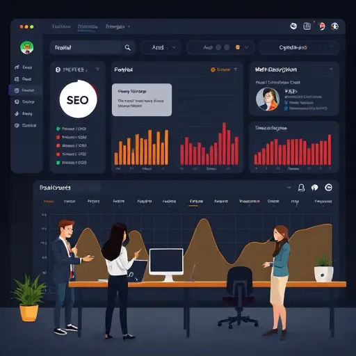 abstract SEO optimization dashboard for a podcast, keywords clustering, meta description card, timestamps timeline, dark UI with #94d3a2