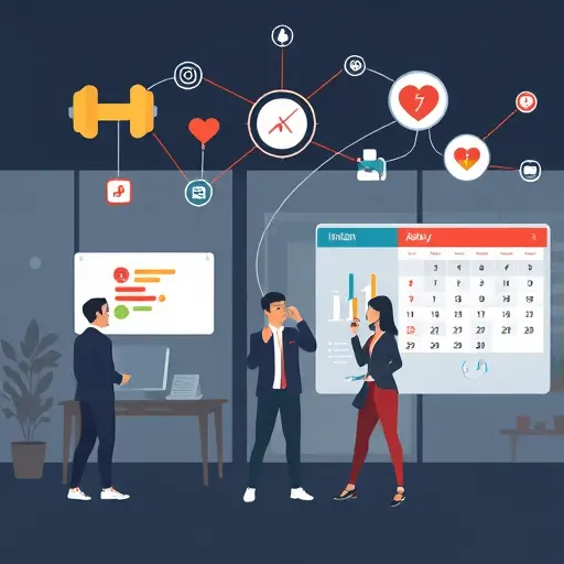 abstract athletic icons (dumbbell, heart rate, stretching)