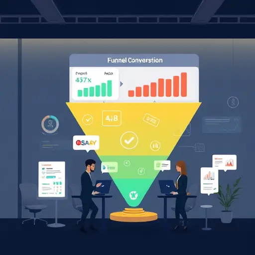 animated funnel optimization illustration, AI assistant improving conversion rates, charts and A/