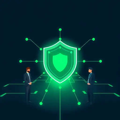 abstract illustration of secure Iran-based AI access pathway, shield and connection lines, dark background with green accents, minimalist, technology concept, text-free
