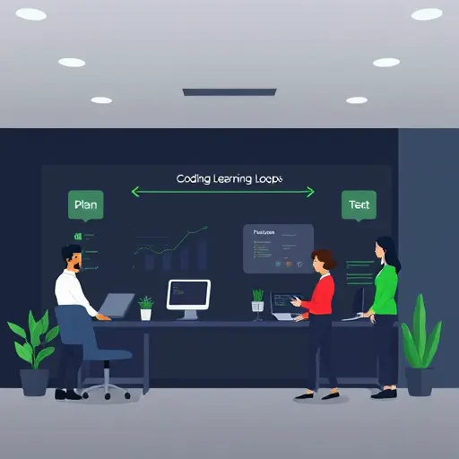 animated illustration of a beginner-friendly coding learning loop with AI assistant: plan -> prompt -> code -> run tests ->