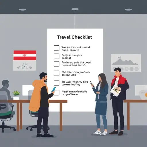 cartoon-style travel checklist illustration with icons for visa, safety, weather, budget; dark UI theme, minimal, text-free, professional