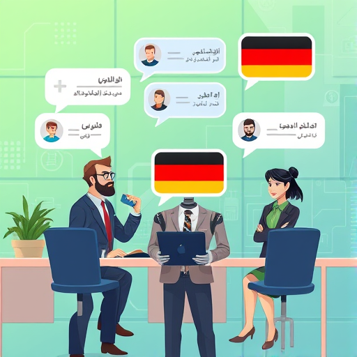 cartoon illustration of digital chat bubbles in German, animated AI chatbot and user icons, green and blue tech background, language practice theme, no text