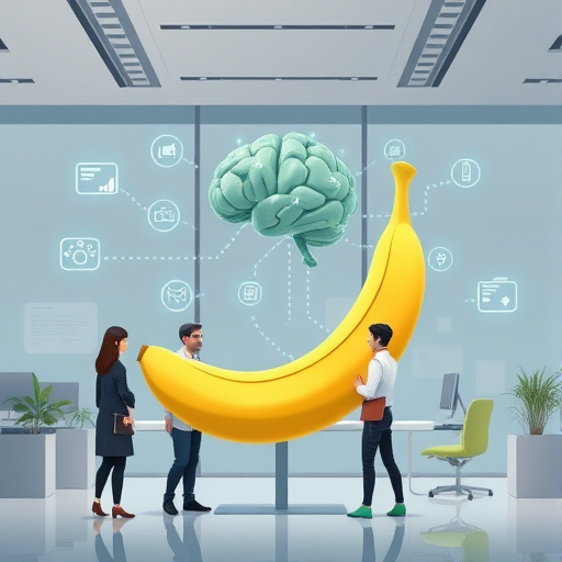 modern animated illustration of nano banana AI model, digital brain icons, technology data flow, artificial intelligence concept art, text-free