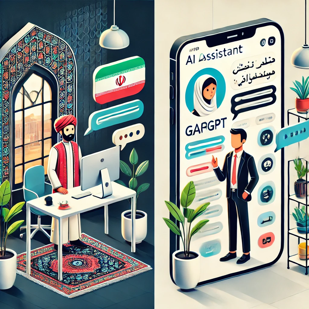 illustration showing a side-by-side comparison of an Iranian AI language platform ()