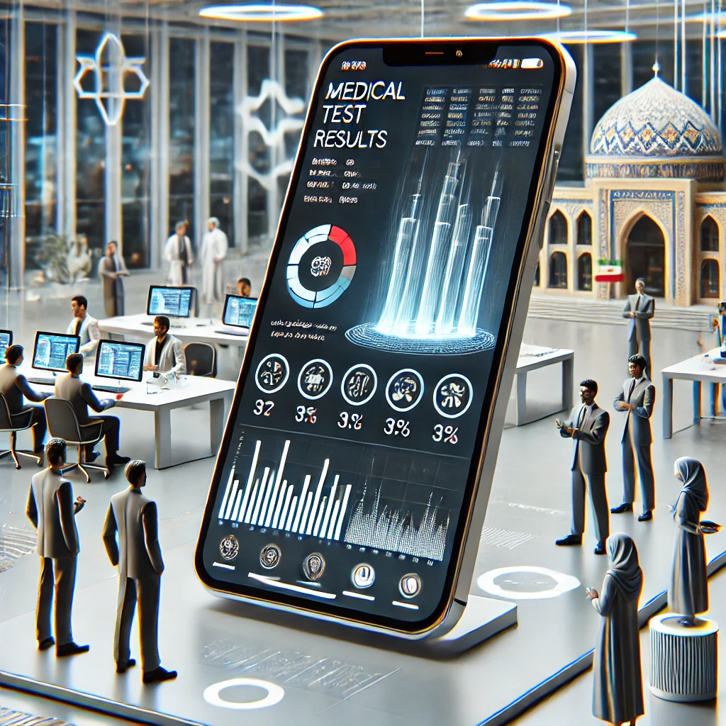 animated illustration of a mobile device showing medical test results being analyzed by an AI, clean design, futuristic, text-free