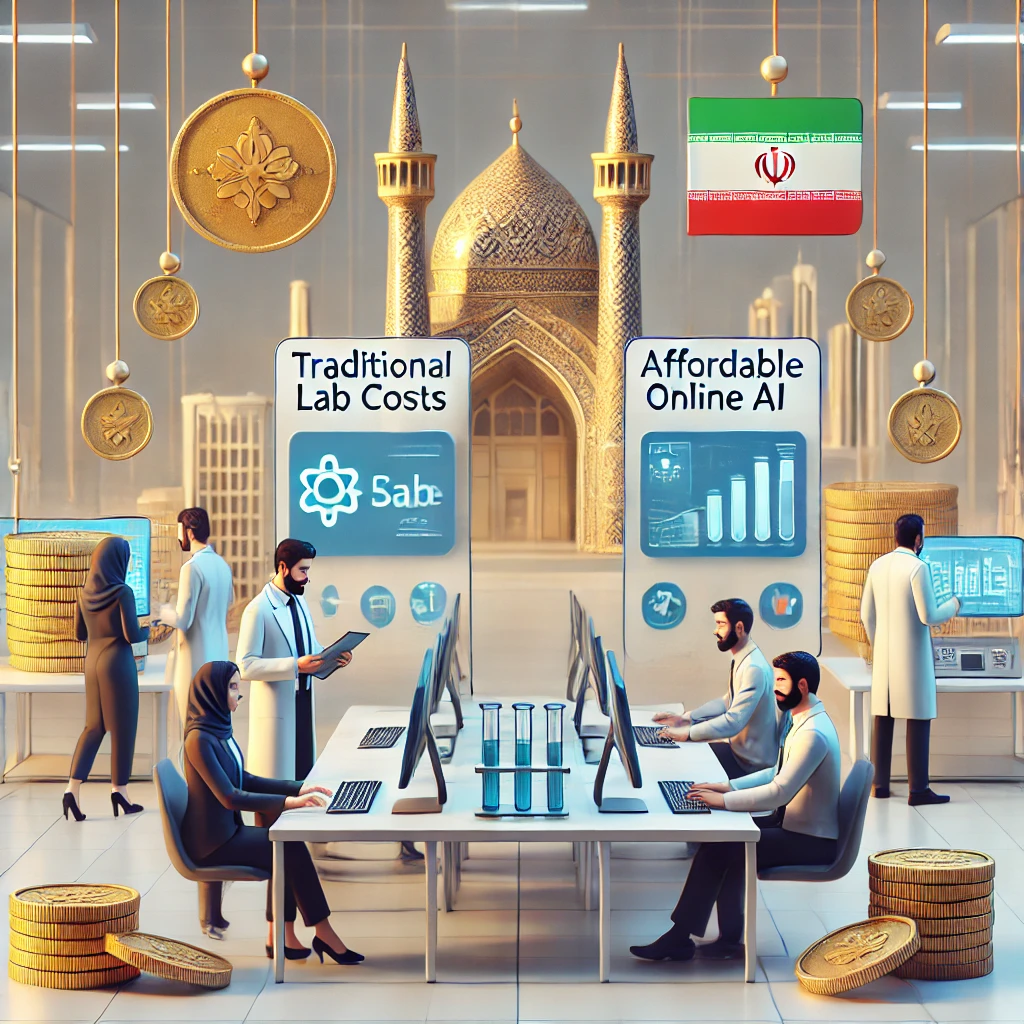 illustration comparing traditional lab costs and affordable online AI services, coins, price tags, digital interface, clean style, no text