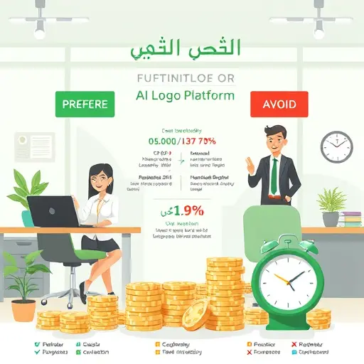 . AI logo platform, stacks of coins, clocks, green color accents, cartoon style, text-free