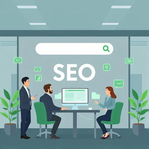 SEO concept illustration with logo and website, search bar, animated icons, file optimization, cartoon style, green color elements, text-free