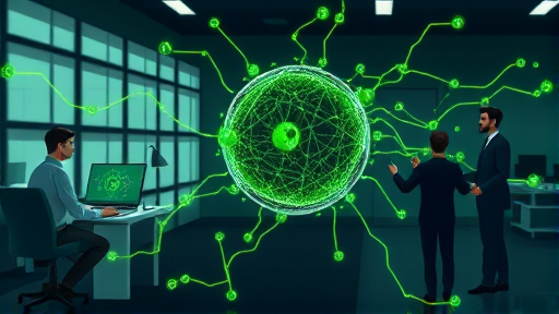 abstract AI neural network, green and dark color palette, symbolizing advanced text analysis and productivity, animated style, no text