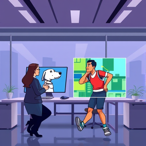 animated technology illustration showing an AI cartoon editor combining two colorful images—a dog and an athlete—seamlessly, vibrant, clean, no text