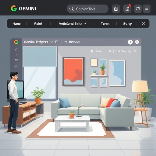 modern AI image editing dashboard, cartoon style, Gemini logo, with animated living room, user adding paint and sofa interactively, no text