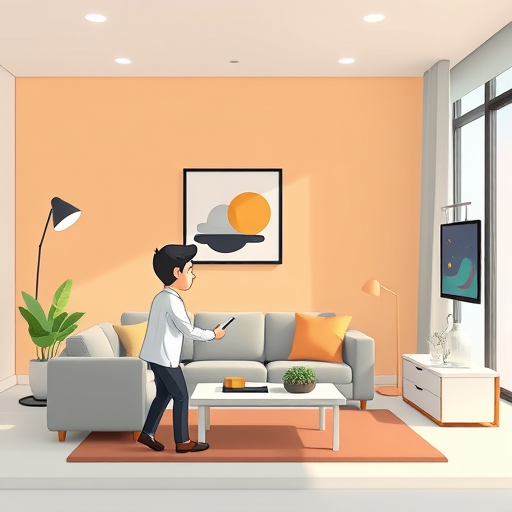 animated GIF concept of AI-powered image editing, cartoon user working with a living room, adding furniture and changing colors step by step, tech environment, text-free
