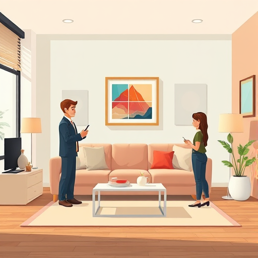 cartoon illustration showing AI image editor designing a living room for social media, sofa and paint changes, smartphone upload animation, text-free