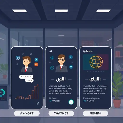 illustrated comparison cards of AI models (ChatGPT, Claude, Gemini)