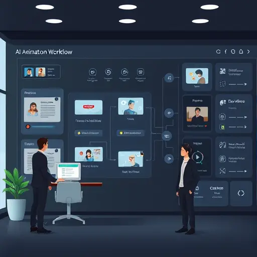 animated illustration of an AI animation workflow dashboard: text-to-video, image-to-