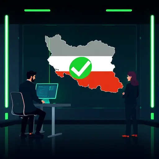 abstract illustration showing easy access without VPN, map of Iran with a green check mark, dark UI, neon green accents, minimalist, no text